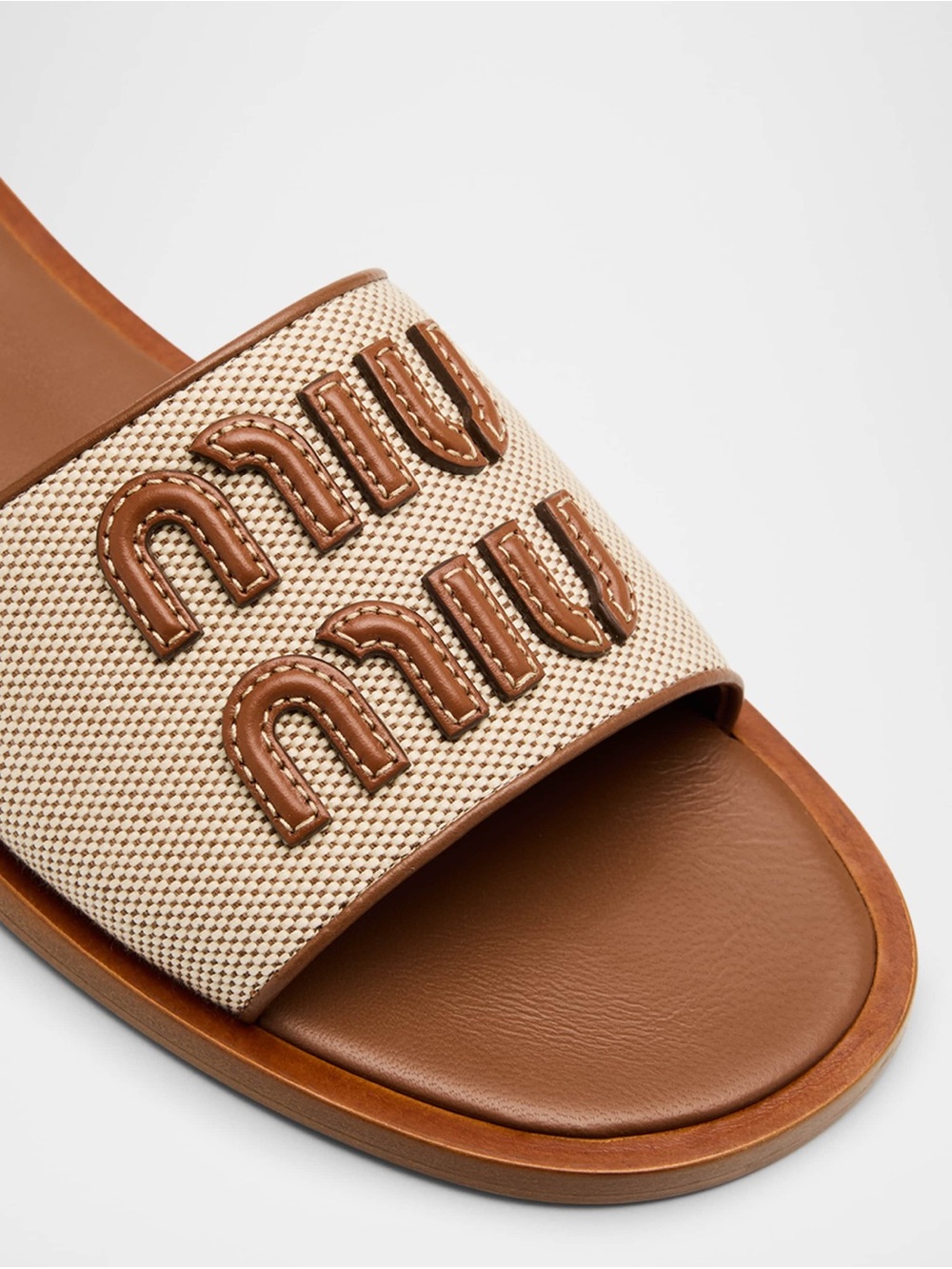 Miu Miu Beige and Brown Logo Slide Sandals
